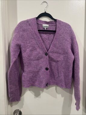 Ganni Pastel Lilac V-Neck Button Cardigan Sweater Soft Knit Wool Size Medium